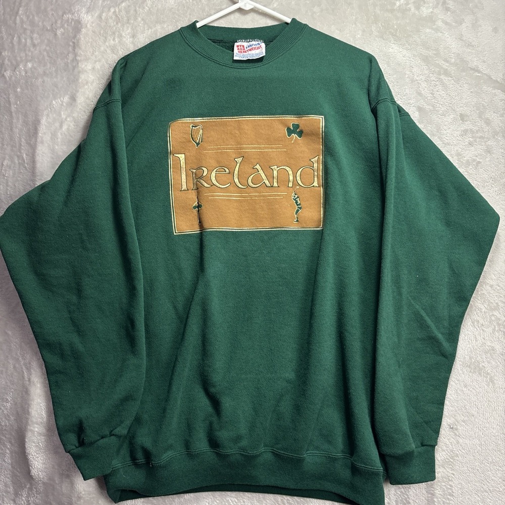 Vintage Hanes Heavyweight Ireland pullover size Large long sleeve Green USA made